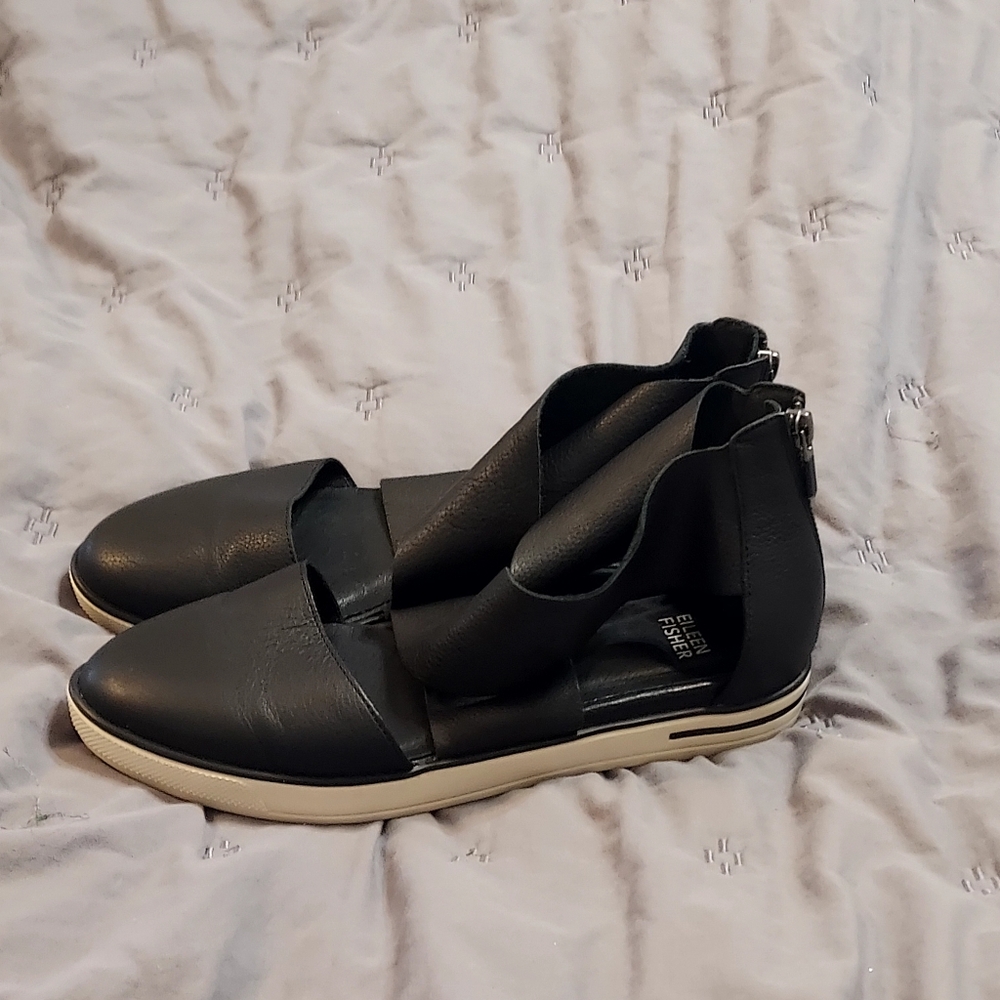 Eileen Fisher Carver Two Piece Sneaker Flats Black Leather 8 Soft Academia Boho